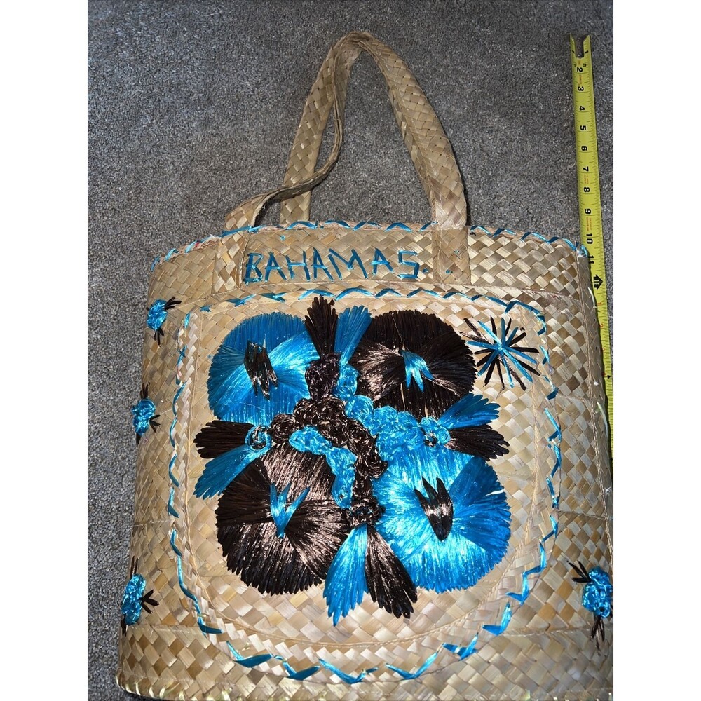 Vtg Bahamas Wicker Straw Weaved Flowers Souvenir Satchel Tote Purse 15x15 Approx